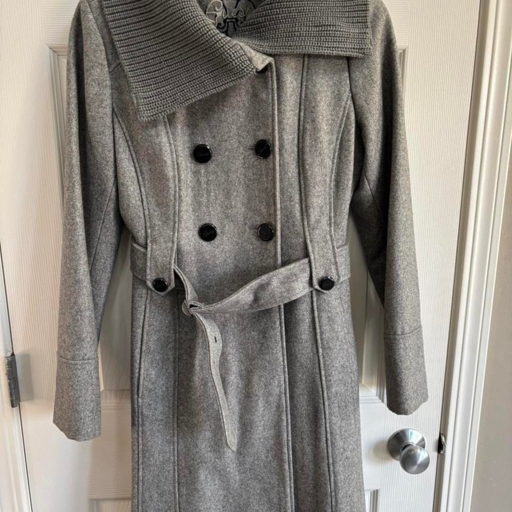 Guess Womens Gray Wool Blend Double Breasted Belted Trench Coat Knit Collar M